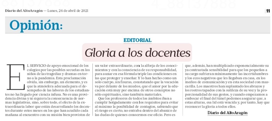 JaviGarciaAnton's tweet photo. Todo encomio a los maestros me parece justo y necesario. Su curso está siendo de 10. Merecen la gloria que se les escatima. Ahí va el editorial de ayer de @altoaragon @GobAragon https://t.co/w6oMrSEpNZ