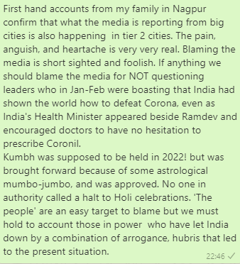 GorwayGlobal's tweet photo. I took the risk of posting the attached on a local NRI Medics #Sanghified and #Bhakt-ridden #WhatsApp group in response to a post blaming the people for the mess and urging them to stay positive. For once, no one bit my head off; a couple of posts in agreement. https://t.co/VQONkSZGp4