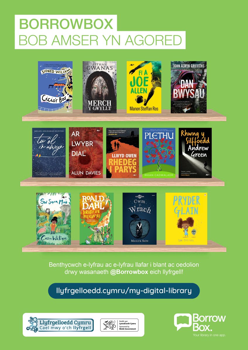 Mae e-lyfrau ac e-lyfrau llafar newydd ar gael i blant ac oedolion yn y Gymraeg drwy wasanaeth #BorrowBox eich #llyfrgell!

New children’s and adult Welsh-language e-books and e-audiobooks now available from your #library's BorrowBox service!
llyfrgelloedd.cymru/my-digital-lib…