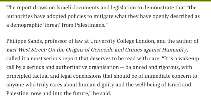 ' @hrw report on Israel committing the crimes against humanity of apartheid and persecution against Palestinians, covered by  @scribblercat in  @thetimes, with a quote from human rights lawyer  @philippesands, who calls it a "wake-up call". https://www.thetimes.co.uk/article/israel-accused-of-committing-apartheid-p8b362rmx