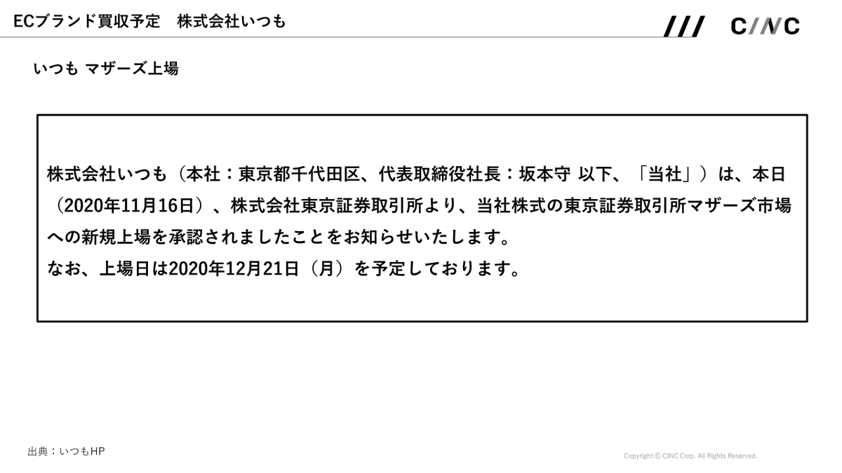 cinc_analytics's tweet photo. 【株式会社いつも 次の戦略まとめ】
「いつも」は海外で成功するブランド買収し成長させる事で事業拡大するモデルを日本に輸入したと考えられます。

この事例から、海外の成功モデルを調査して取り入れてみては如何でしょうか。

（5/5） https://t.co/d2ksmXqaB5