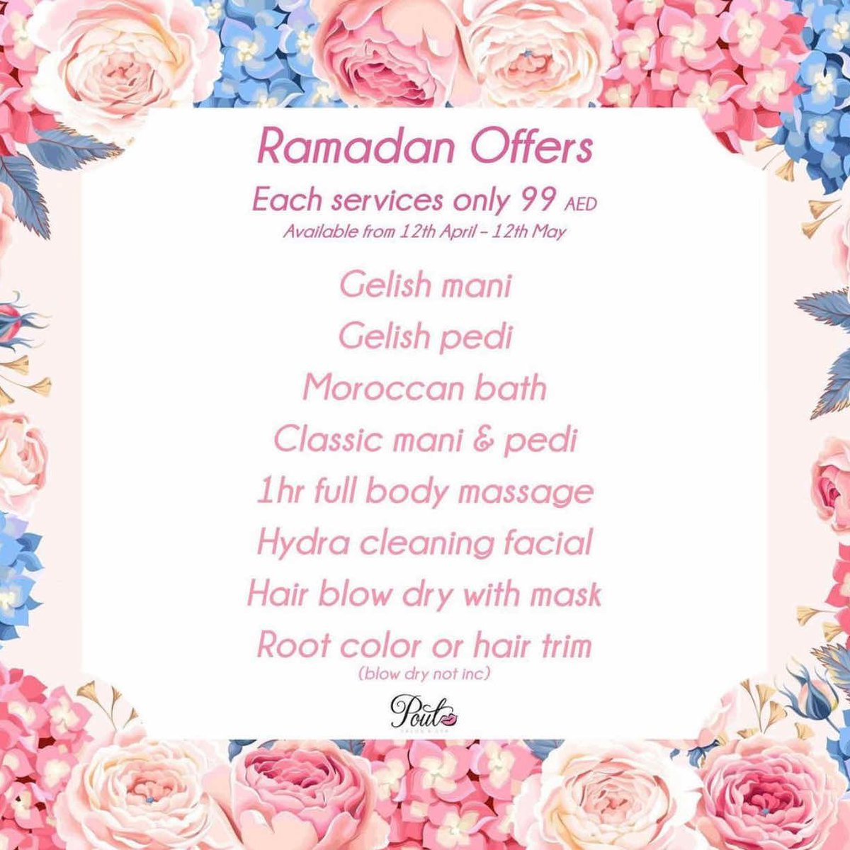 Enjoy Ramadan special offer <a href="/poutsalonandspa/">Pout Salon & Spa</a> !
For more information check our website, link in bio.
#salon #ramadan #offer #spa #beauty #uae #dubai #girls #mani #hair #صالون #جمال #رمضان #عروض