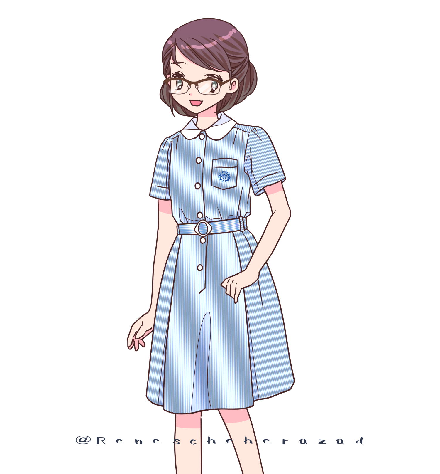Rene 引退ワンピース 百合学院の旧夏服です 有名な関西水色ワンピース 現夏服もかわいいけどこちらもすごくかわいかったですね めがねっこにしてみました ちょっと襟小さく描いちゃったかも 首が細くてバランス難しい問題だ ワンピース制服