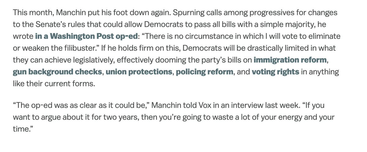 On Manchin's op-ed saying there's no circumstance under which he'll eliminate the filibuster: “The op-ed was as clear as it could be... If you want to argue about it for two years, then you’re going to waste a lot of your energy and your time.”