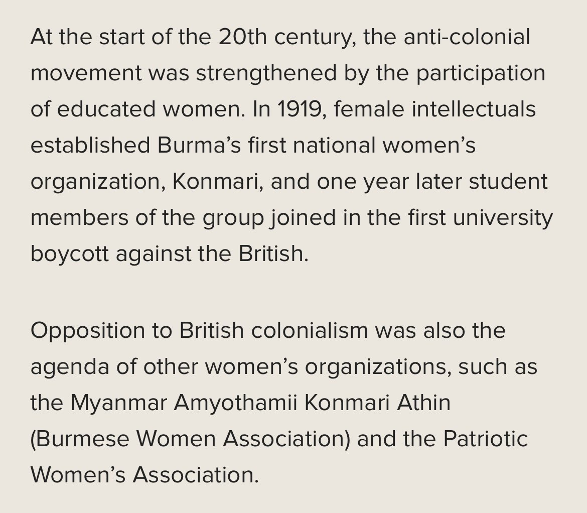 In 1919, the 1st women’s group in Myanmar, Konmari Athin, was formed as part of an anti-colonial, nationalist movement. Other women’s groups followed.(Extracts from ‘The Authority of Influence: Women and Power in Burmese History’ by Jessica Harriden) #WhatsHappeningInMyanmar