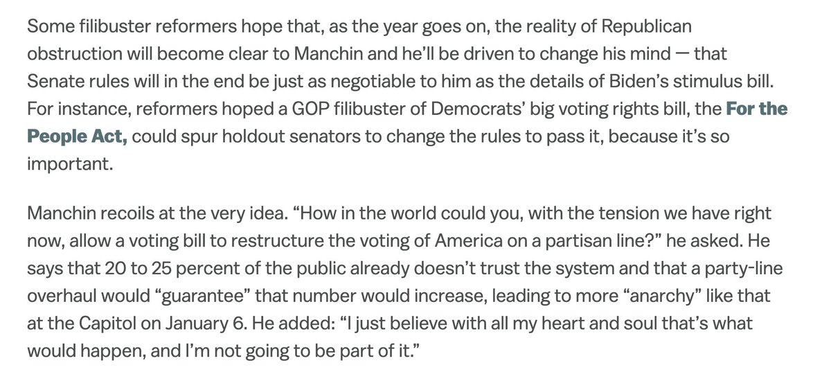 Manchin on HR1/S1: “How in the world could you, with the tension we have right now, allow a voting bill to restructure the voting of America on a partisan line?”He insists it will just feed more distrust in the system and "anarchy" like Jan 6 — "I'm not going to be part of it"