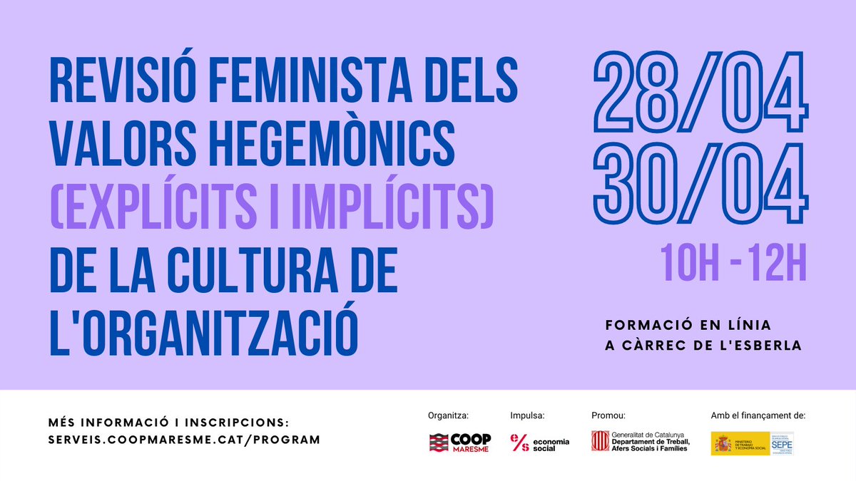 PROPERES FORMACIONS! 📢

🌱 Revisió feminista dels valors hegemònics de la cultura organitzativa
🗓️ 28 i 30 d'abril
⌚️ 10h a 12h
🗣️ <a href="/esberla_coop/">l'Esberla</a> 
‼️ dues sessions
🔗 bit.ly/2PbRscZ