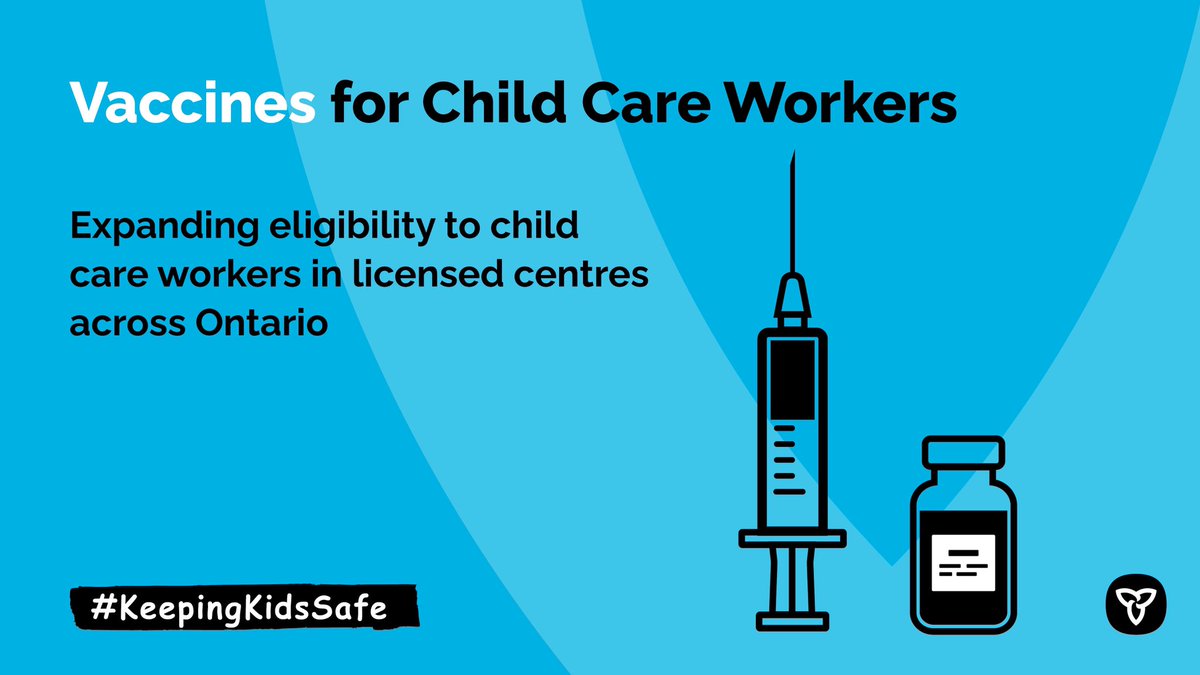 Ontario’s child care workers are supporting working parents at this  critical time.

Starting Thursday, licensed child care workers provincewide can begin booking a vaccine appointment.

The best vaccine is the first vaccine available to you.

news.ontario.ca/en/release/100…