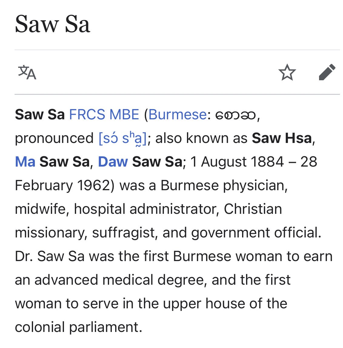 In 1911, Dr Saw Sa was the first woman in Myanmar to get a medical licence to practise as a doctor and a surgeon.She was multi-talented, as you’ll see later in my thread. https://en.wikipedia.org/wiki/Saw_Sa  #WhatsHappeningInMyanmar  https://twitter.com/isabelzawtun/status/1031667776975335425