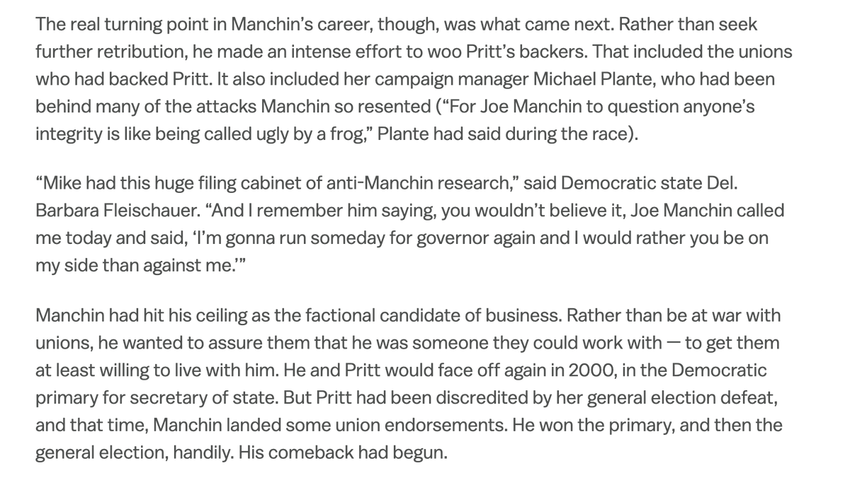 In the years following his '96 defeat, Manchin won over many of his critics in the party, making clear to unions that they could live with him as governor. He won that job in '04, but by the time he won, he knew the state was slipping away from Dems