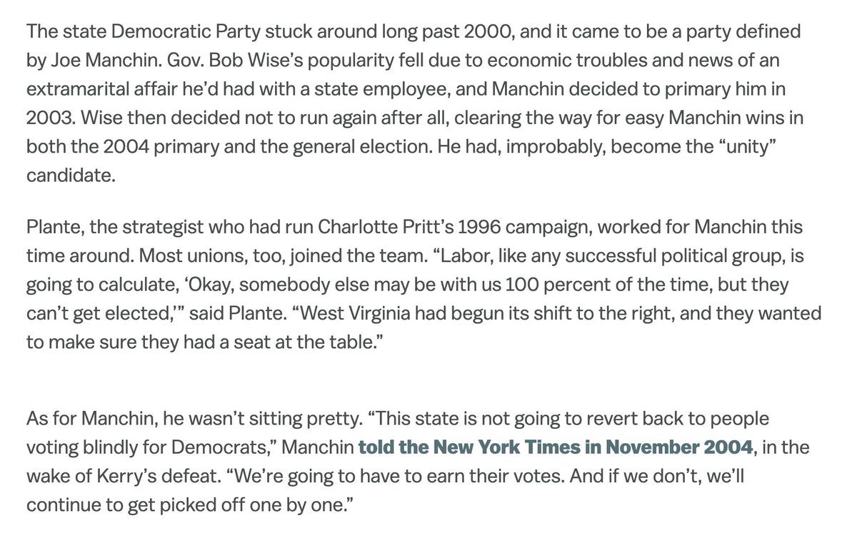 In the years following his '96 defeat, Manchin won over many of his critics in the party, making clear to unions that they could live with him as governor. He won that job in '04, but by the time he won, he knew the state was slipping away from Dems