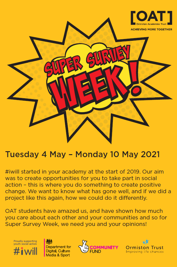 GeorgeSalterAc's tweet photo. Next week is Super Survey Week for #iwill 🥳

Look out in form time for a recap of what YOU have achieved and how to get involved in the survey when it launches! https://t.co/VpF9hUmyKq