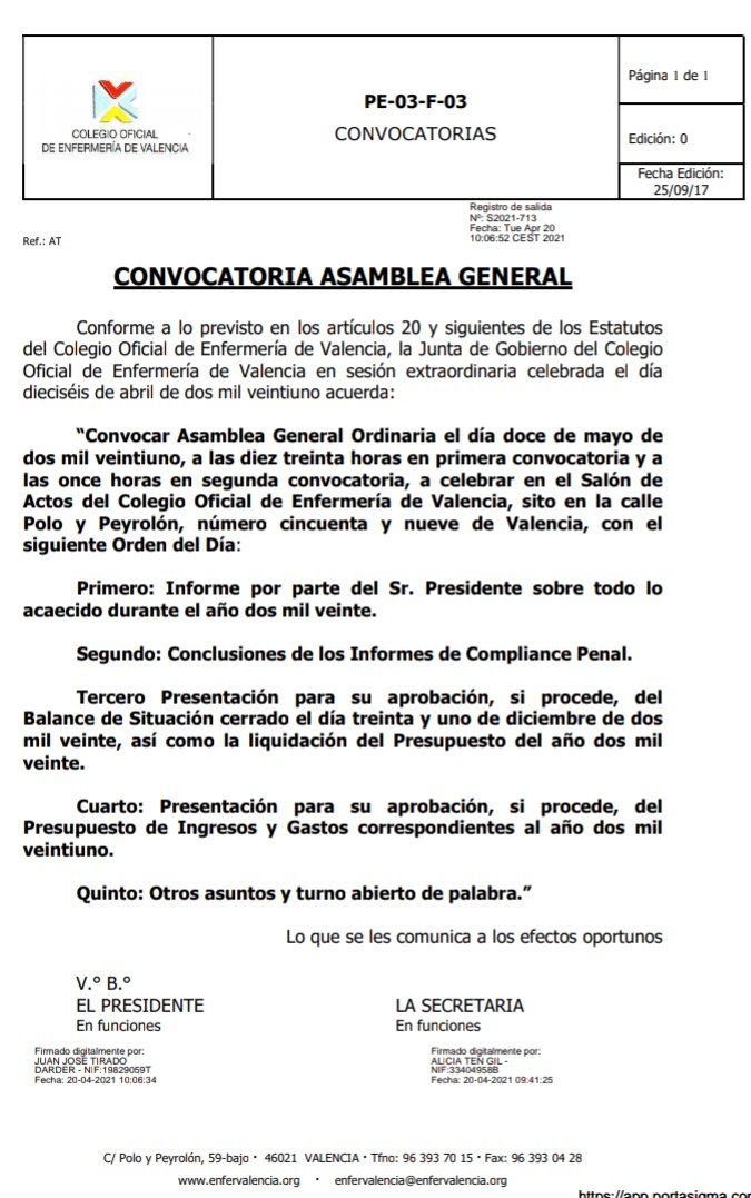 Coe Valencia Asamblea General Ordinaria La Junta De Gobierno Ha Convocado Asamblea General Ordinaria Que Se Celebrara El 12 De Mayo De 21 A Las 11 Horas En Segunda Convocatoria Enfermera