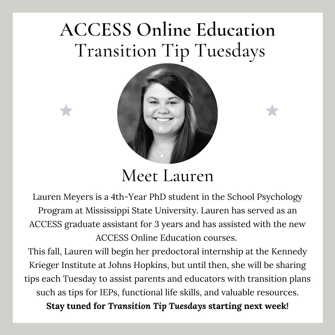 MSSTATEACCESS's tweet photo. As we gear up for ACCESS Online Ed's Transition Tip Tuesdays that will start next week, we want to introduce Lauren Meyers who will be sharing transition tips and advice each week for parents and educators of students with disabilities.  #alwaysACCESSable #msuaccess #hailstate https://t.co/jib7k3tECQ