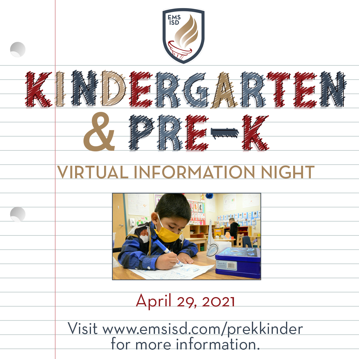 Future Pre-K and Kindergarten parents, we are hosting a Virtual Information Night on April 29 at 6 pm about Kindergarten at emsisd.com/CCESkinderinfo. 
Pre-K will be at ow.ly/ppt950EgL79 (English) &amp; at ow.ly/OfzI50EgLgH (Spanish). emsisd.com/prekkinder