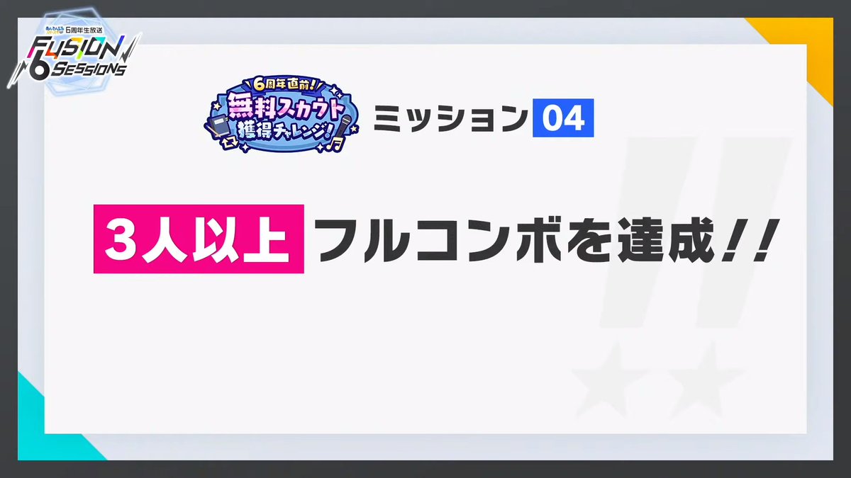 2. Full combo:The 4th of our 6 "60 free scout challenges" was for at least 3 of the seiyuu on the show to get a full combo in the song Brand New Stars, and they succeeded!4 of the seiyuu (everyone except Kajiwara Gakuto) full combo-ed.