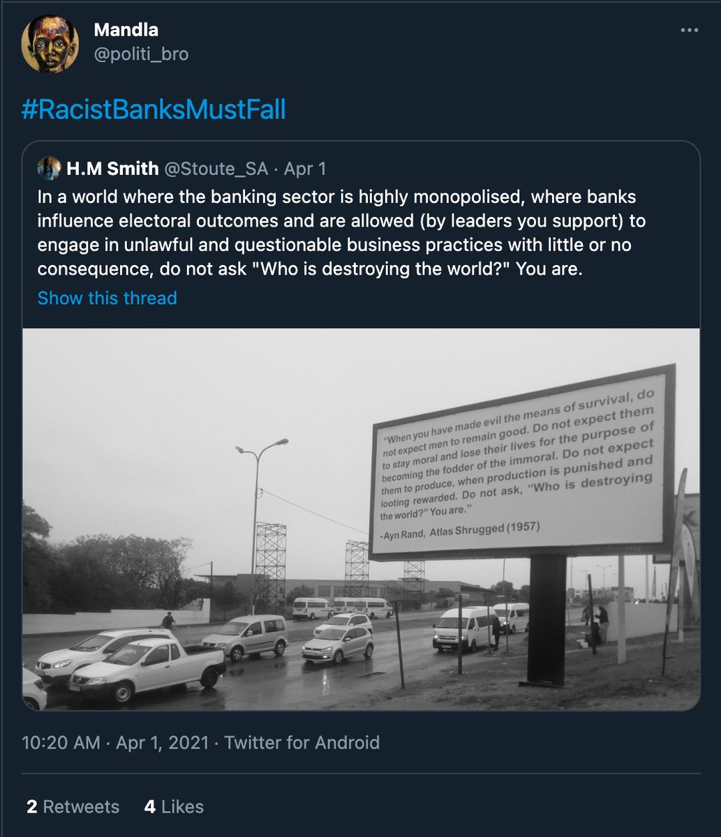 I doubt it's even this one by an RET promo acount that quotes someone else's tweet which includes (and I'm not making this up), a picture of a billboard displaying an Ayn Rand quote. RET accounts don't manage irony very well.