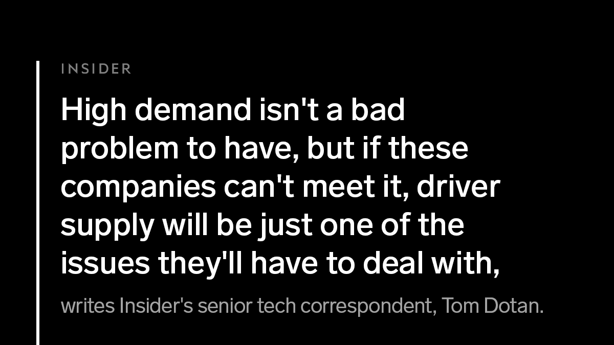 But even if rider demand continues its upswing, Uber and Lyft won't be able to recover if they can't get enough drivers. http://www.businessinsider.com/why-uber-lyft-expensive-taking-long-driver-shortage-2021-4