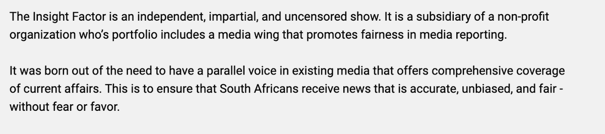 He is somehow connected to Independent Media, I'm not sure if he's on their payroll or just an opinion columnist, but he's also the co-creator of the Insight Factor: a youtube channel that gives a platform to such luminaries as Lucky Montana, Carl Niehaus and John Hlophe.