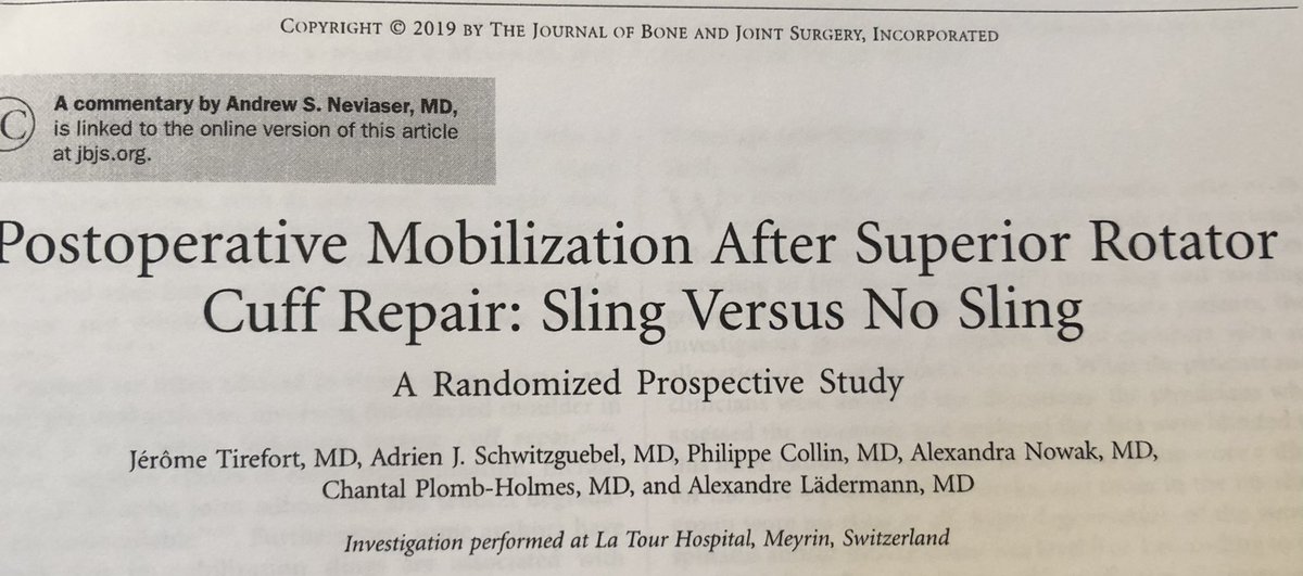 mtomaino's tweet photo. Wearing a sling for 6 weeks after rotator cuff repair is nearly “axiomatic”—to avoid tendon-bone interface failure. So too have rehab protocols evolved to “no motion” for 6 weeks. This 2019 level 2 study suggests that shoulder outcomes&amp;pain level are less at 6 months in the no https://t.co/EiAQTjRc21