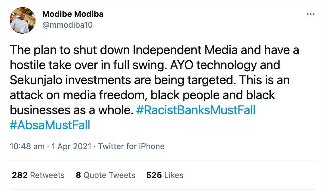 Whatever his affiliation he is very upset about ABSA closing AYO technology's bank accounts.