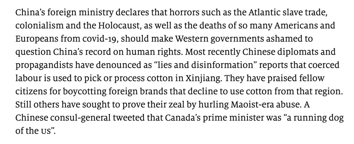 "China’s foreign ministry declares that horrors such as the Atlantic slave trade, colonialism and the Holocaust, as well as the deaths of so many Americans and Europeans from covid-19, should make Western governments ashamed to question China’s record on human rights."