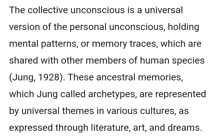 his concept of the collective unconscious. The collective unconscious states that a part of our unconscious, or the part of our minds in which we have impulses and memories are unaware of, is inherited; it is shared among mankind.