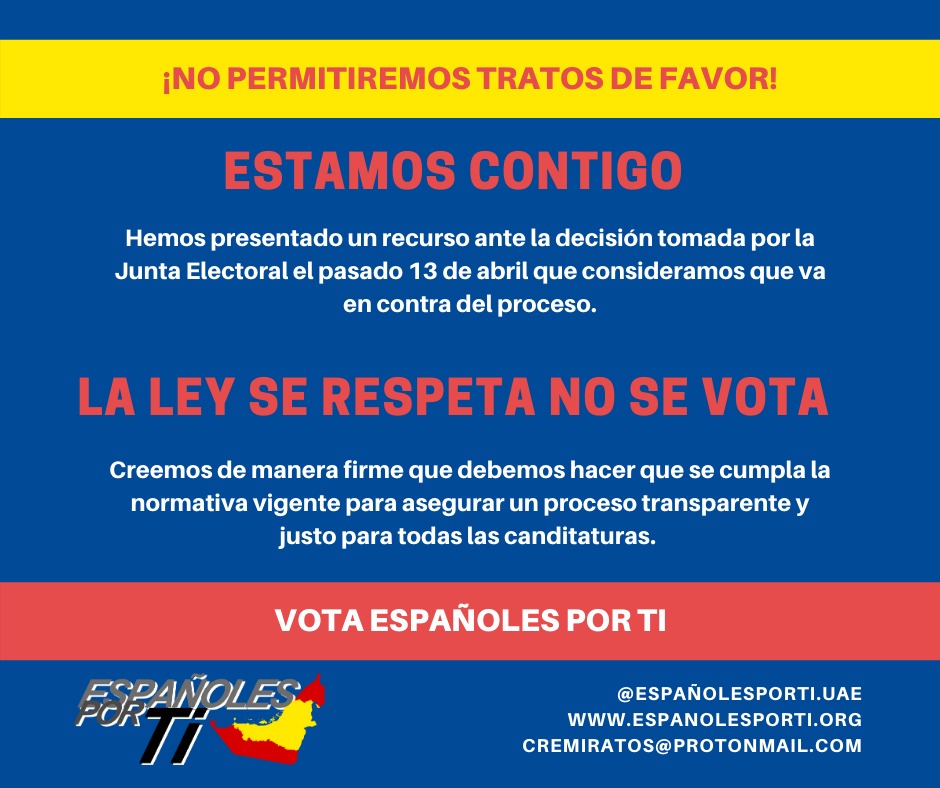 La Junta Electoral, según nuestro punto de vista, admitió a curso una candidatura que no contaba con los avales suficientes. 
Se trata de un trato de favor y no del cumplimiento escrupuloso de la Ley.
Españoles x ti no vota las leyes, las cumple.

#ConsejodeResidentesEspañoles
