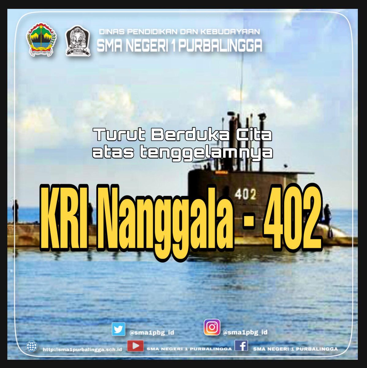 Menyampaikan rasa duka cita sedalam-dalamnya kepada keluarga yang ditinggal oleh prajurit KRI Nanggala 402 karena gugur menjalankan tugas. Semoga arwah prajurit ditempatkan tempat yang tinggi dicatat sebagai pejuang negara dan keluarga yang ditinggal diberi ketabahan 🌹🇮🇩