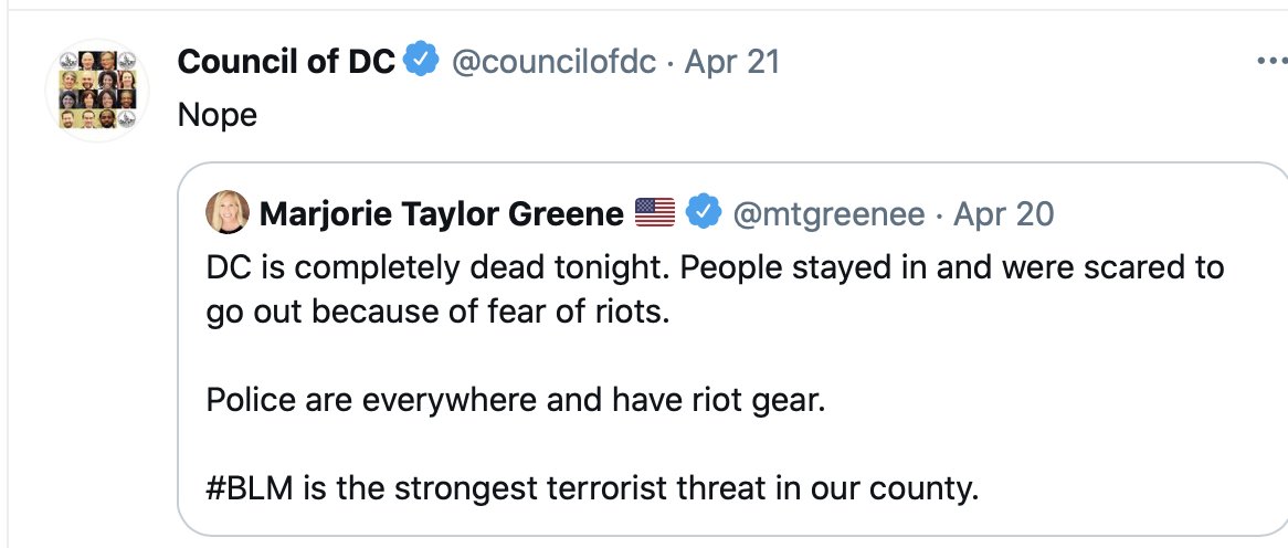 1/ For example, Marjorie Taylor Greene tweeted this after the Derick Chauvin verdictHer tweet proven false in real time as residents of DC read her tweet, looked around, and posted photographs and testimonials to social media.