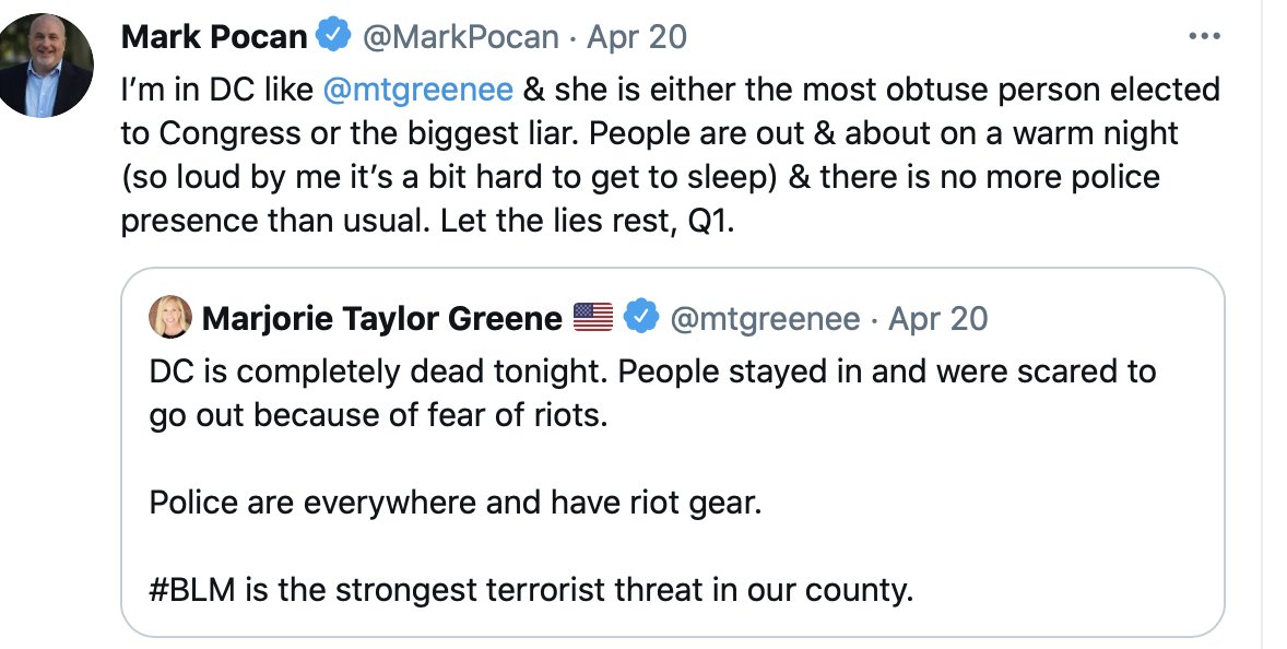 1/ For example, Marjorie Taylor Greene tweeted this after the Derick Chauvin verdictHer tweet proven false in real time as residents of DC read her tweet, looked around, and posted photographs and testimonials to social media.