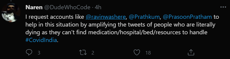 He tagged me in a tweet below that one.1. How do I know resources shared on Twitter are authentic?2. I am not a Covid expert, there is a lot of misinformation here.Also, I am helping locals from lower income backgrounds in my vicinity but I do not brag about that on Twitter.