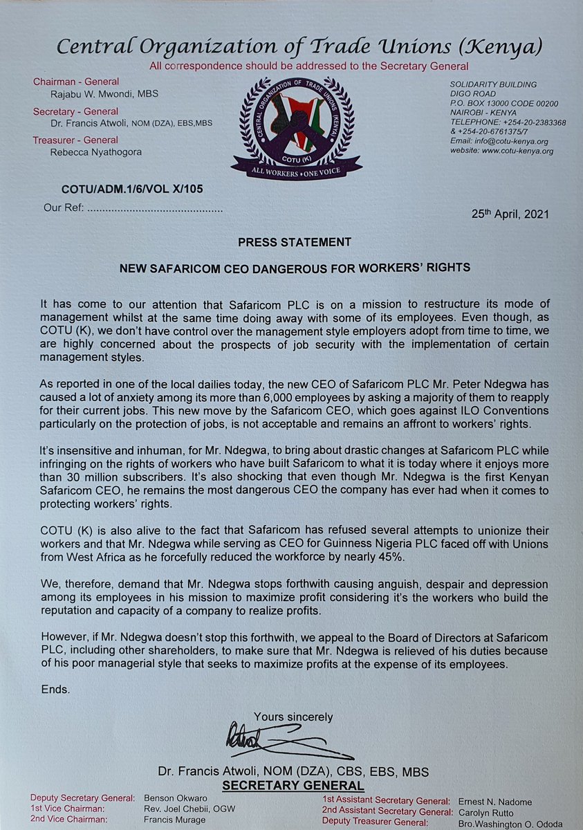 It is unacceptable for Safaricom to come up with new models of management that would end up affecting the lives and livelihoods of many. As <a href="/COTU_K/">COTU KENYA</a> we are opposed to such models considering they go against ILO conventions on protection of jobs.