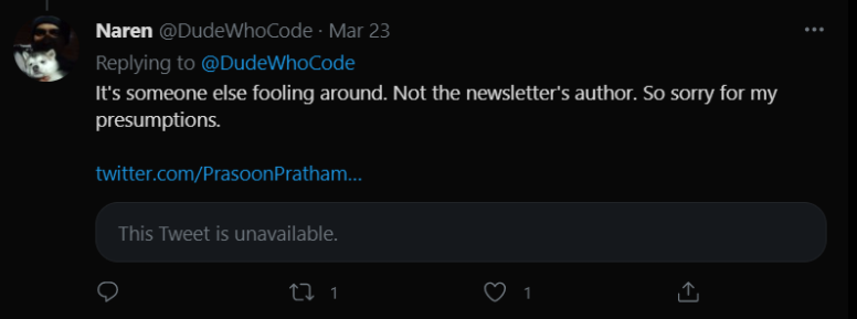 And later apologised for (but did not delete the original tweet which is still being used against me)  https://twitter.com/DudeWhoCode/status/1374329642660683777?s=20