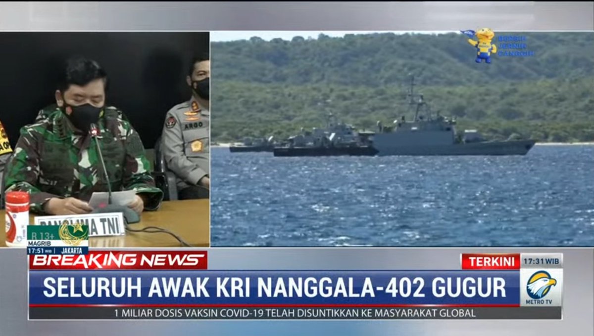 Metro_TV's tweet photo. #BreakingNewsMetroTV Marsekal Hadi Tjahjanto: telah diperoleh citra yang dikonfirmasi sebagai bagian dari KRI Nanggala 402. Berdasarkan bukti-bukti otentik dapat dinyatakan bahwa KRI Nanggala 402 telah tenggelam dan seluruh awaknya telah gugur.
Streaming: https://t.co/YA6hrSWA43 https://t.co/IIotG1N6oh