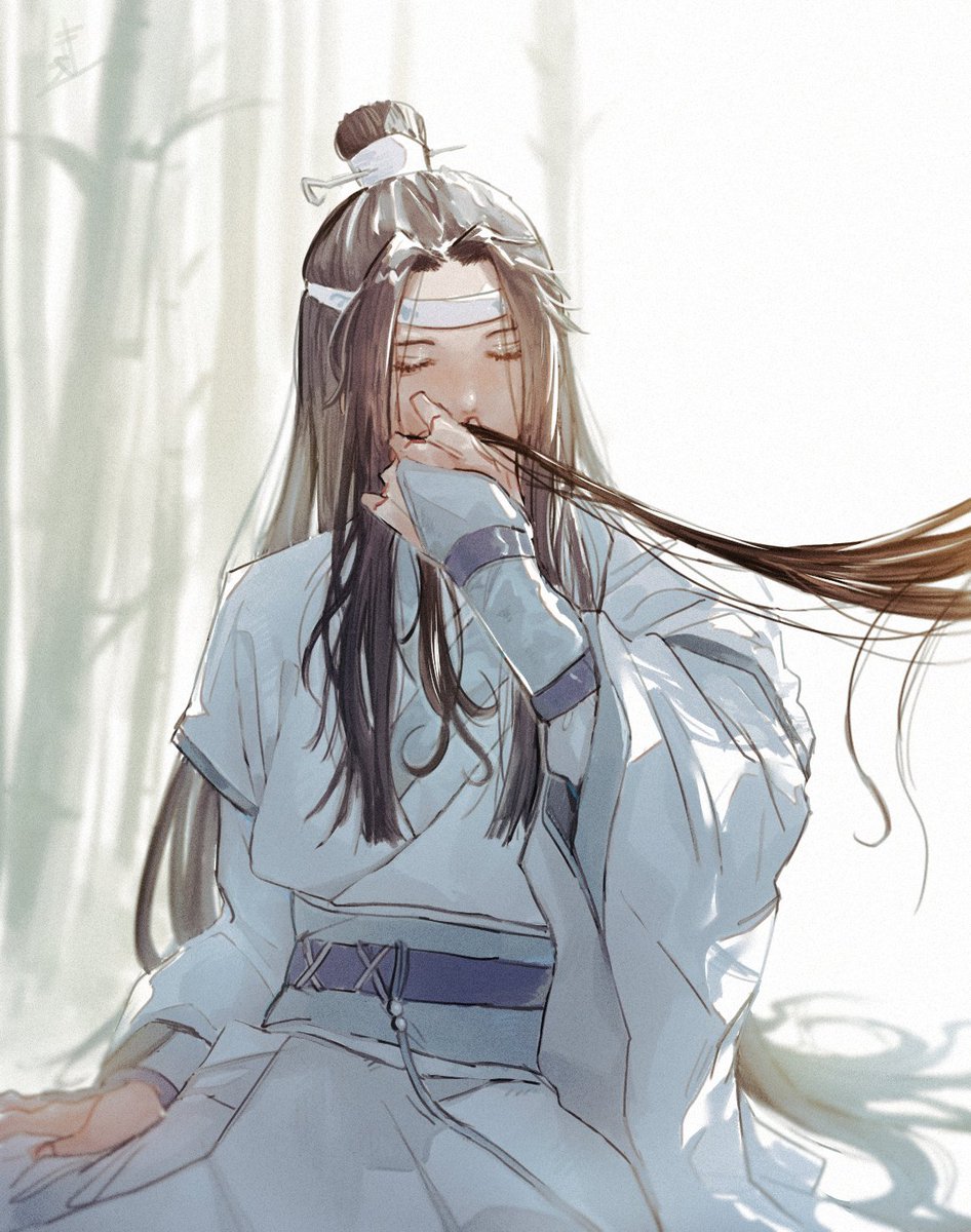 long hair closed eyes 1boy male focus chinese clothes sitting long sleeves  illustration images