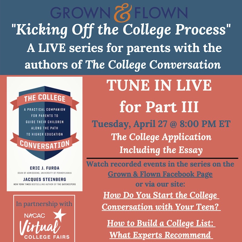 Join us for Part III of 'Kicking Off the College Process,' with @JacquesCollege and @DeanFurda - G&F Facebook Live 4/27 8PM ET. They will discuss and answer questions on the application and college essay.  @NACACFairs @NACAC