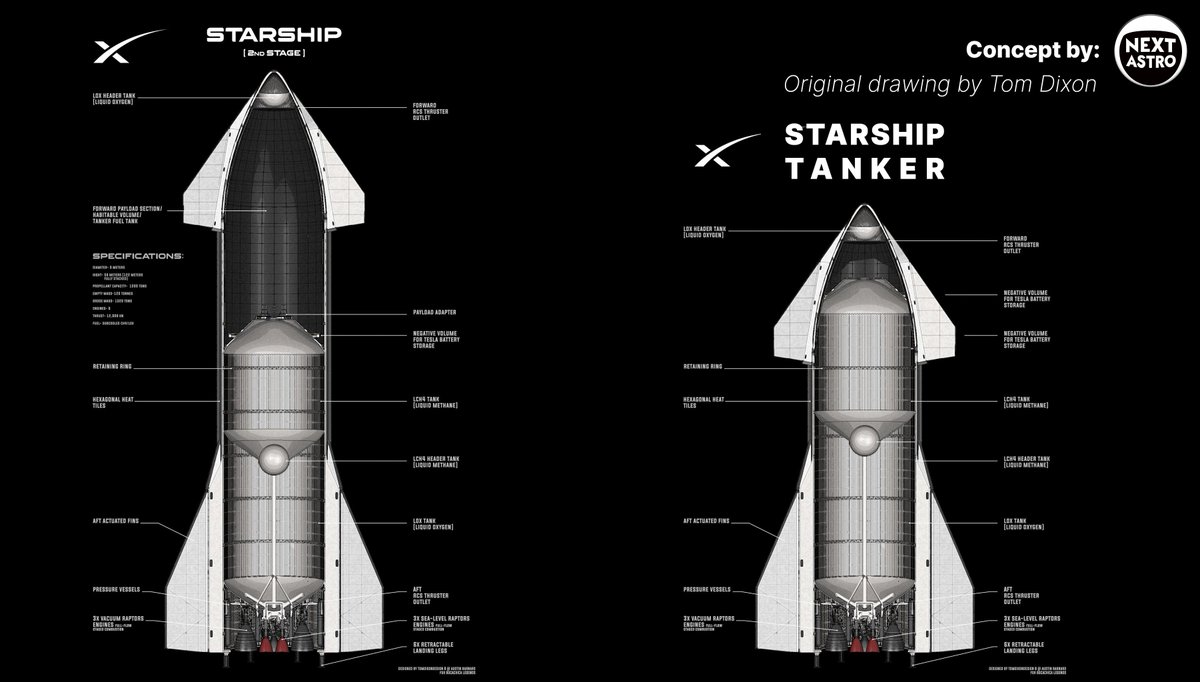 NextAstro's tweet photo. Would it make sense to create a very short #Starship Tanker variant?

You would only need about 10-15% larger tanks to reach maximum 'payload' capability.

This saves dry mass of Starship itself since it will 10-15 m shorter. This could mean over 20t extra fuel payload! https://t.co/MzOlG9a7QX