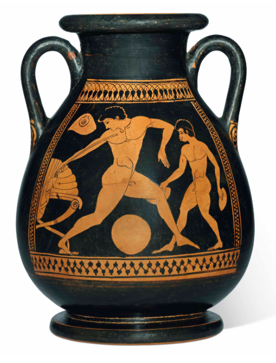 On this Attic Red-figured Jar, attributed to (the brilliantly named ) "The Carpenter painter" Circa 490 B.C You see an athlete preparing to throw the javelin. Can you spot his aryballos hung up in safe spot behind him?