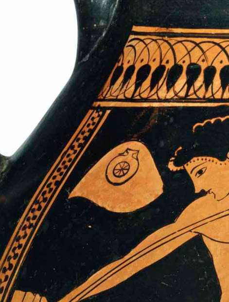 On this Attic Red-figured Jar, attributed to (the brilliantly named ) "The Carpenter painter" Circa 490 B.C You see an athlete preparing to throw the javelin. Can you spot his aryballos hung up in safe spot behind him?