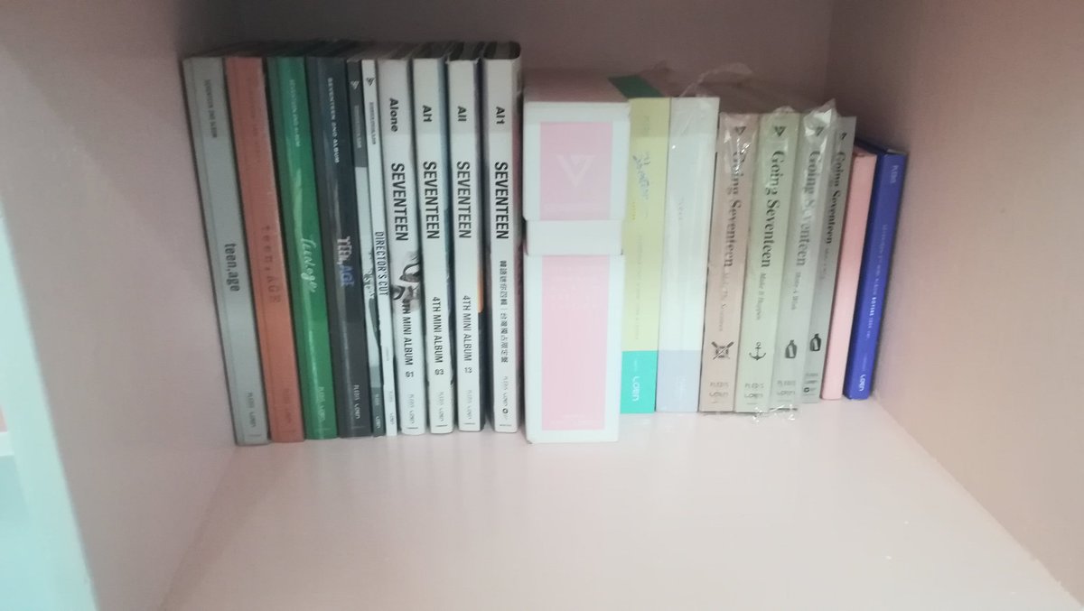 [Peak on my collections]These are the shelves. It's custom build to fit the size of the albums perfectly.So it's not arranged by released but rather by size & type. @pledis_17|  #정한 Bias|  #세븐틴