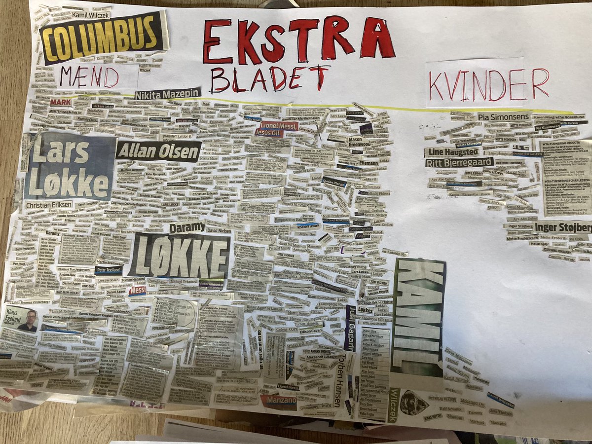 BirtheLarsenCph's tweet image. Min yngste datter har skrevet skoleprojekt om ‘kvinden som det andet køn’. Her har de klippet alle navne ud i en avis en tilfældig dag i april.