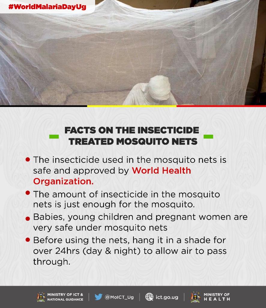 The insecticide used in the mosquito nets is safe and approved by World Health Organization. #WorldMalariaDayUg @MinofHealthUG @ainbyoo @DianaAtwine @JaneRuth_Aceng @WHO @Tybisa