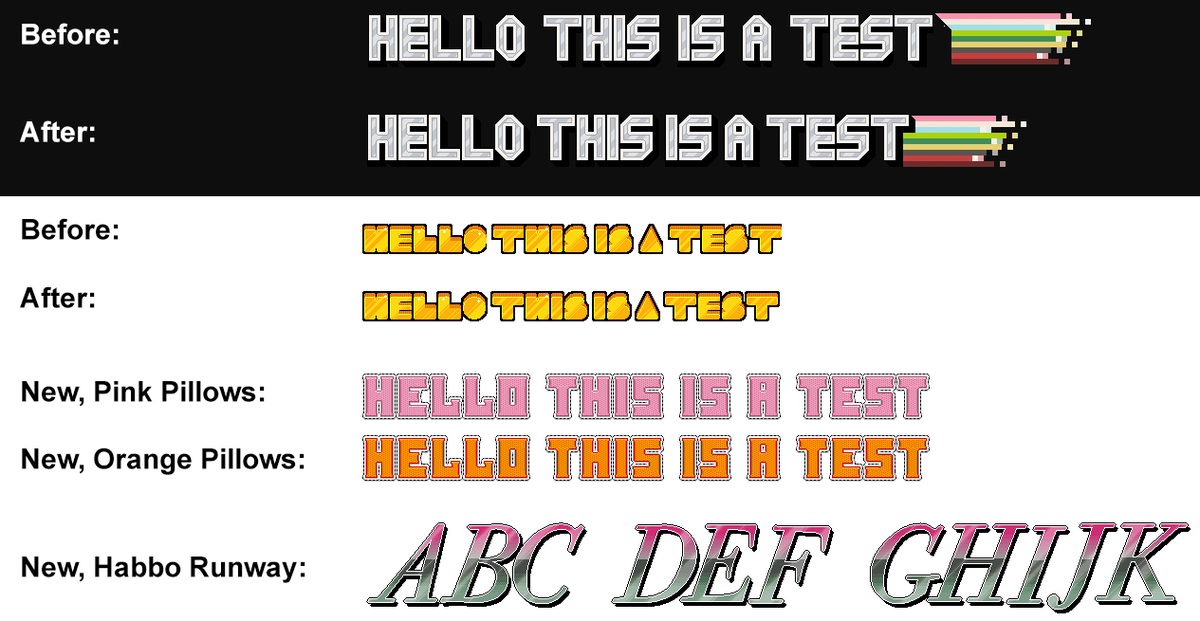 habbofontnet's tweet image. Last year we made many improvements to existing fonts. We've also added over 50 new fonts ready for you to use, such as Habbo Runway, USVA, pillow fonts, FX, valentine and many more! #habbo #fontgenerator #fonts #habbofont