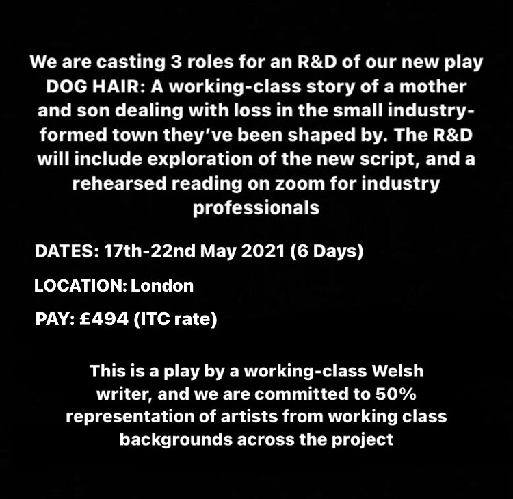 7thSenseTheatre's tweet image. 🌟 C A S T I N G 🌟
We’re on the hunt for 3 brilliant actors to join us for our R&amp;amp;D of new play DOG HAIR next month! Role info below 👇

Dates: 17th-22nd May
Location: London

Email headshots and links to hello@seventhsensetheatre.com

Deadline: Friday 30th April, 6pm
Go go go!