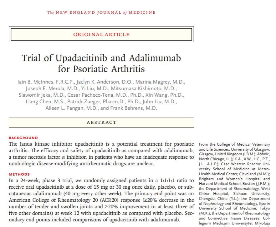 EBRheum's tweet photo. SELECT-PsA 1, ADA vs. UPA in psoriatic arthritis @NEJM 

ACR20 better than PLBO (36%) for all; numerical difference in UPA15 (79%) vs ADA (65%); similar differences in ACR50

No new safety signals... need a large tofa-esque long term monitoring study

Nice to have another option! https://t.co/juD3ban6Yf