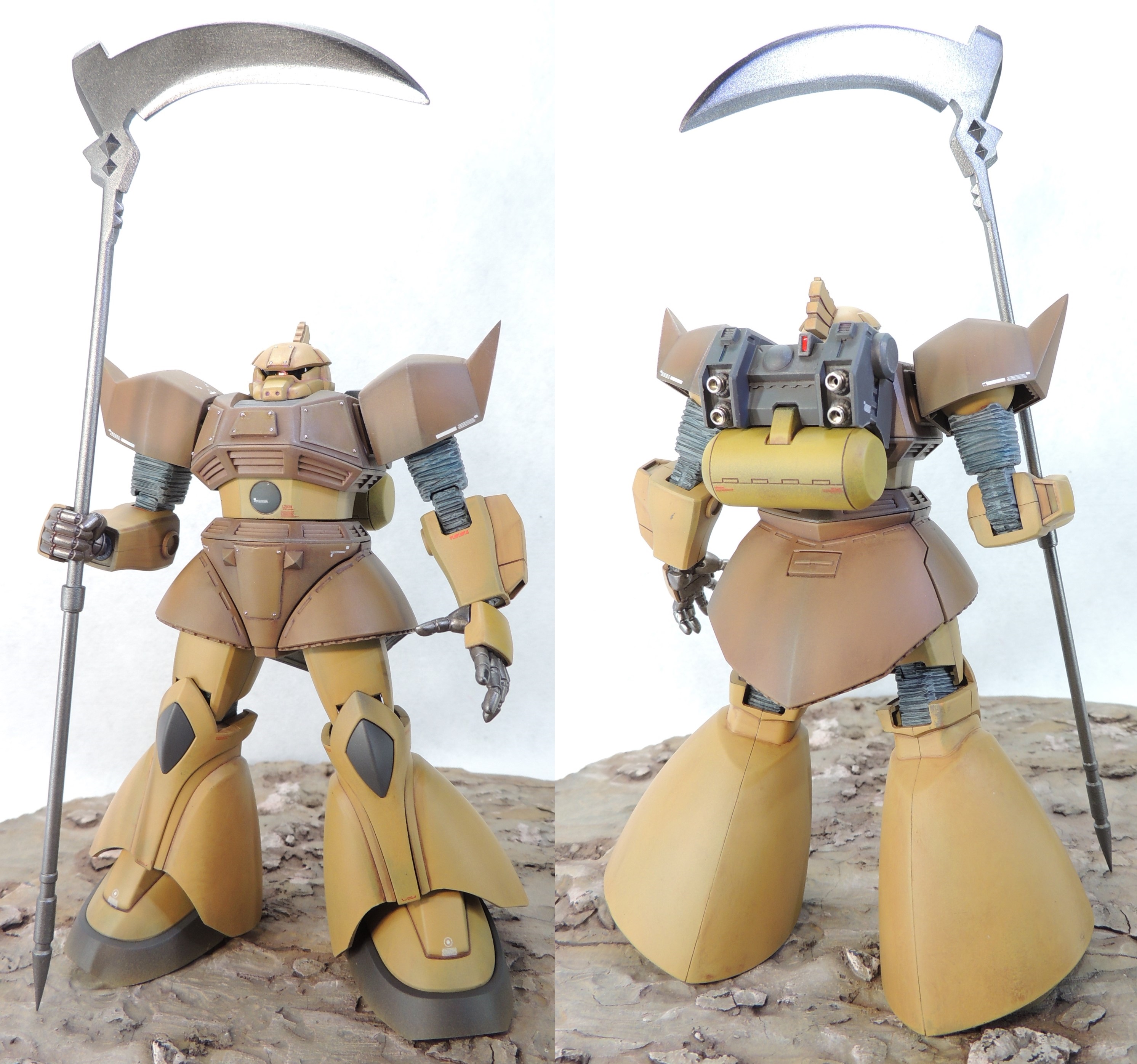 あやぽん ロレンツォファミーリアのゲルググ完成 扉絵の巨大なカマも製作 各関節にシーリングの表現を施し 増加装甲のリベットは0 7 スチールボールを使用 ゲルググ サンダーボルト外伝 ツイッターで楽しむサンダーボルト ガンダムサンダーボルト