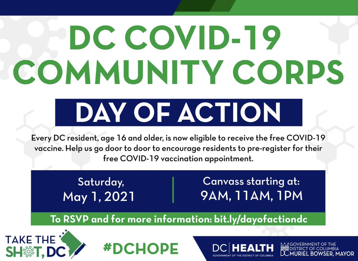 Help us get DC residents vaccinated by participating in the DC COVID-19 Community Corps day of action:

🗓️ May 1, 2021
🕘 9 am, 11 am, 1 pm
🤳 RSVP: bit.ly/dayofactiondc

#DCHOPE