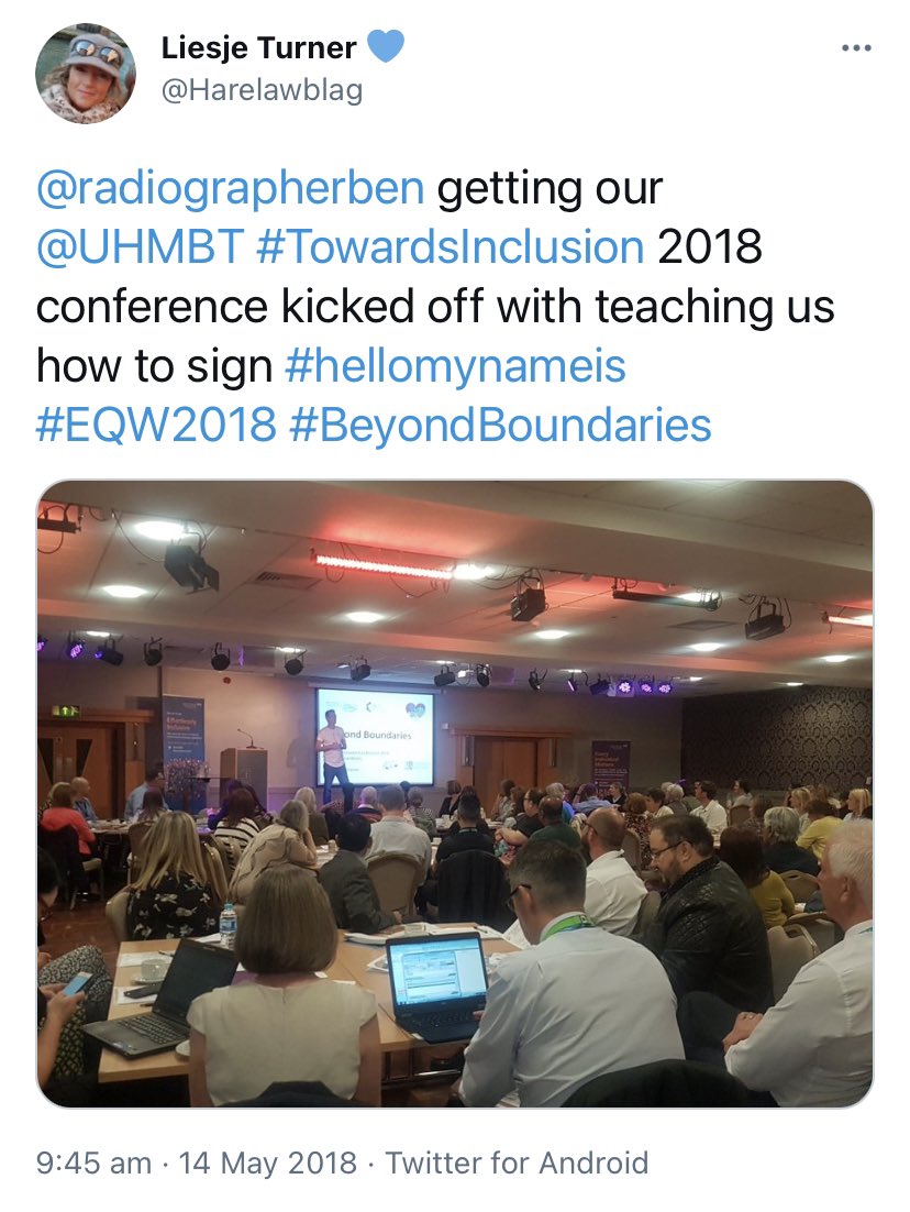 These two tweets aren’t the only posts from  @radiographerben which refer to him ‘teaching’ sign language, by the way. Here’s two tweets which show he has ‘taught’ BSL to students in Cumbria in 2017, and attendees at the ‘Towards Inclusion’ conference in 2018:  https://twitter.com/liamodelluk/status/1365633725455826944