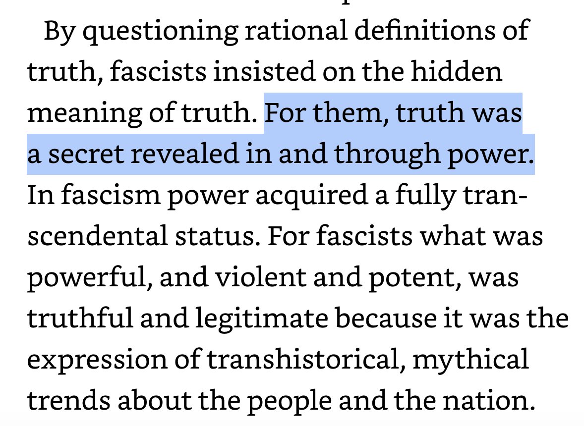 12/ There are religious overtones to fascist lies — they come close to worshipping the leader who articulates what they feel to be a transcendent truth (Clip #1)Finchelstein also touches on how fascists equate truth with power. (Clip #2)